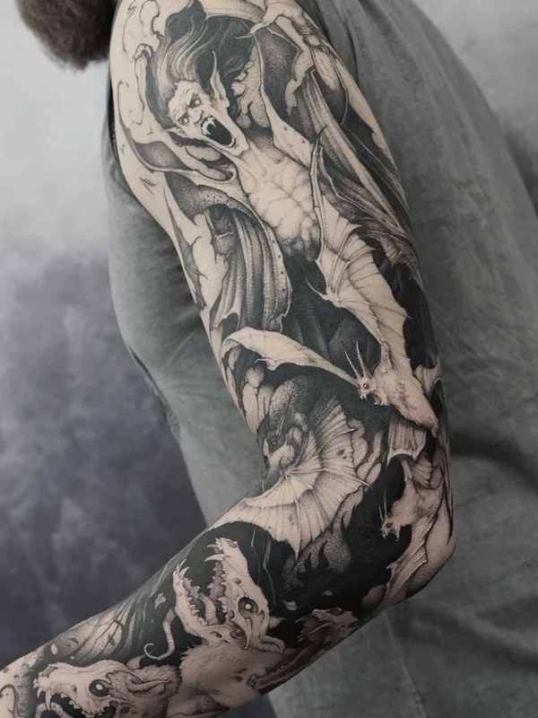 black and grey black and grey 纹身 在 full sleeve #75716 | 纹身师 Piotr Bemben