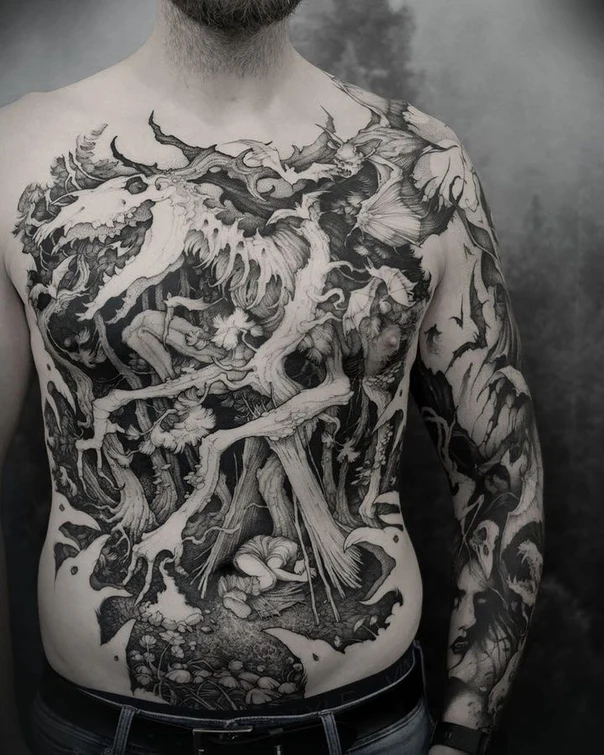 Blackwork Skull, Forest tattoo on Chest