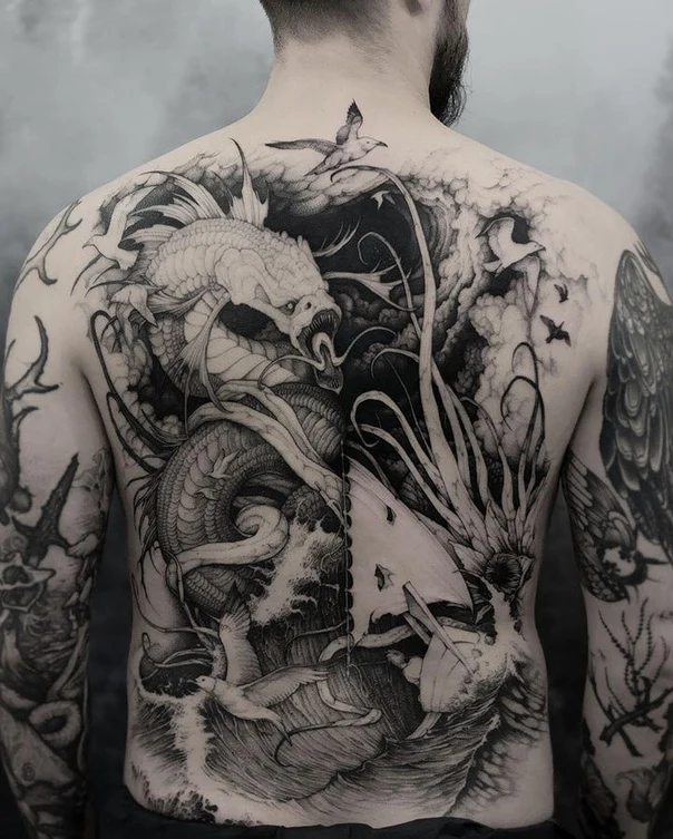 Blackwork Dragon, Sea tattoo on Full Back
