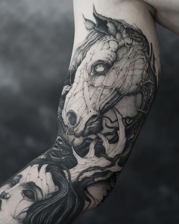 Blackwork Horse, Portrait tattoo on Forearm
