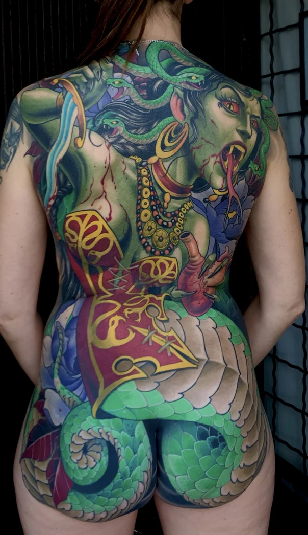 Illustrative Medusa, Snake tattoo on Full Back