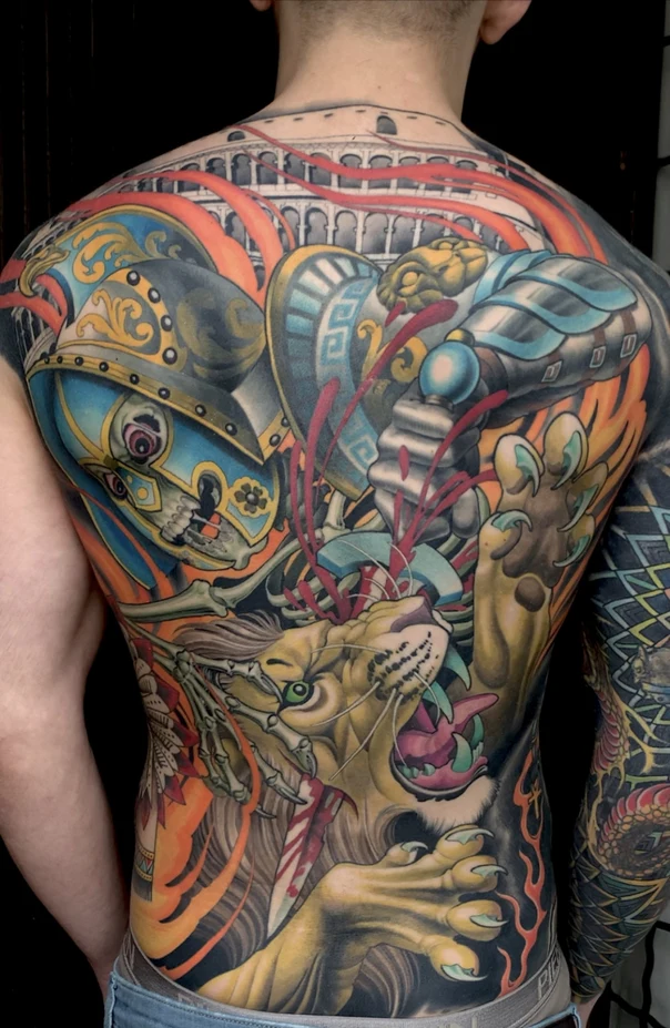 Neo Traditional Lion, Gladiator tattoo on Full Back
