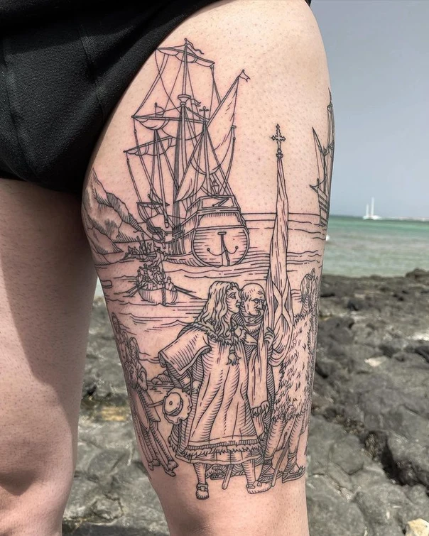 Engraving Ship, Historical tattoo on Thigh