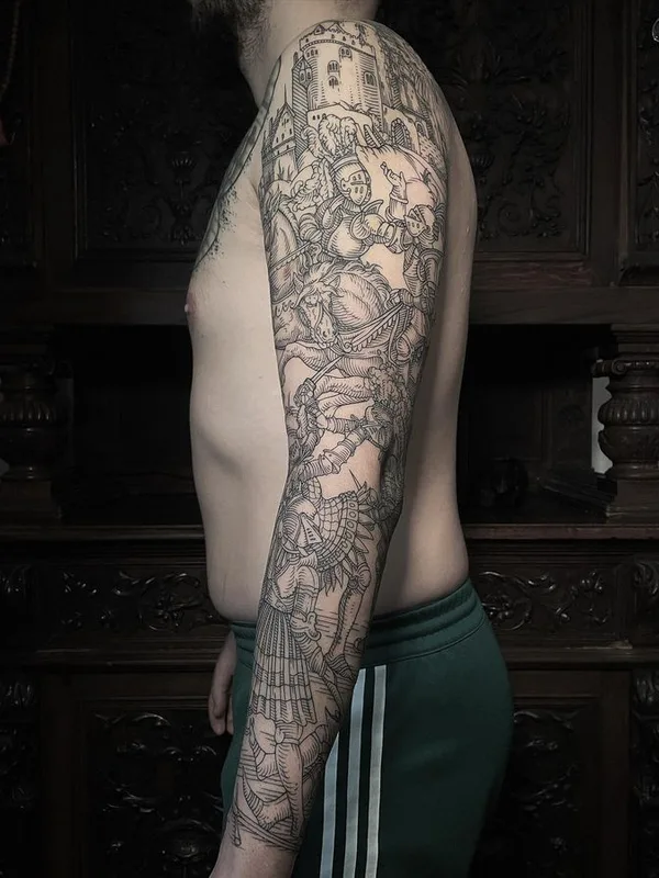 male black engraving 纹身 在 full sleeve #75765 | 纹身师 Ivan Zagusta