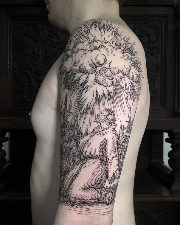 Engraving Religious, Cloud tattoo on Full Sleeve