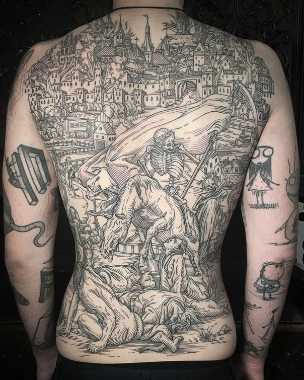 Engraving Skeleton, City tattoo on Full Back
