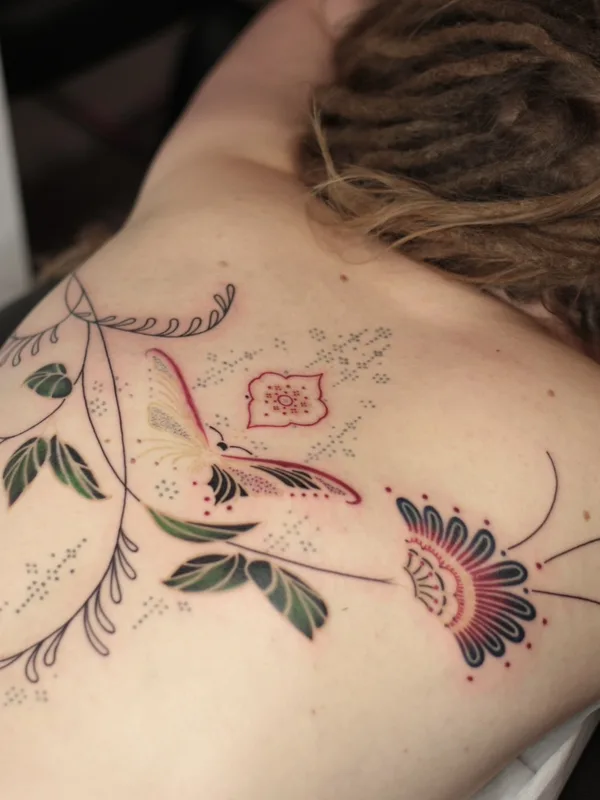 female color botanic 纹身 在 upper back #75771 | 纹身师 Oke tattooer Veronika