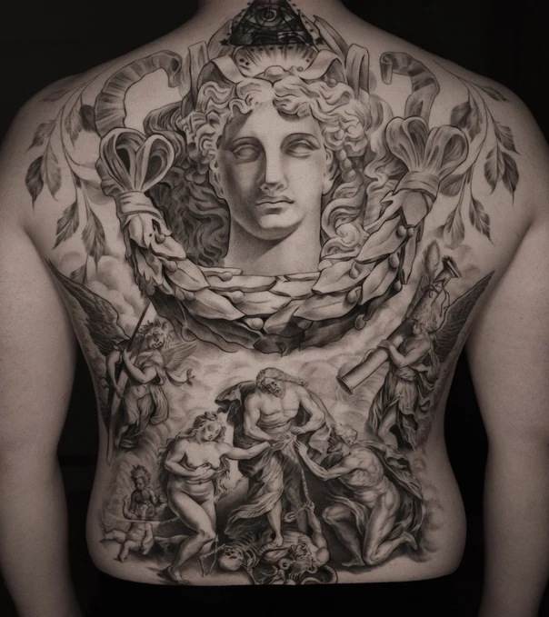 Realism Portrait, Angel tattoo on Full Back