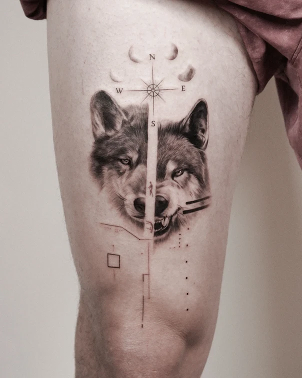 Realism Wolf, Compass tattoo on Thigh