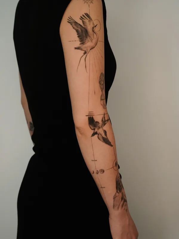 female black and grey fineline tattoo on full sleeve #75785 | Tattoo Artist Taeseok Park
