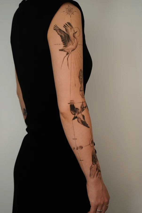 Fineline Bird, Geometric tattoo on Full Sleeve