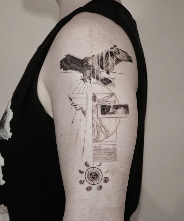 Sketch Bird, Eye tattoo on Upper Arm
