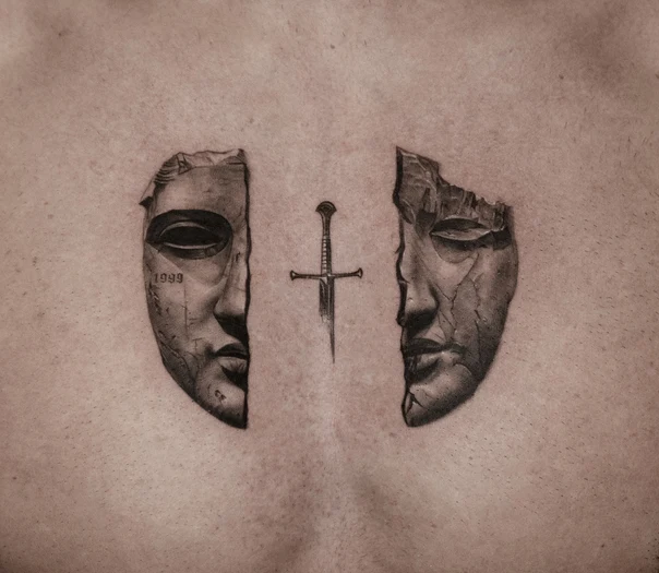 Realism Face, Sword tattoo on Upper Back