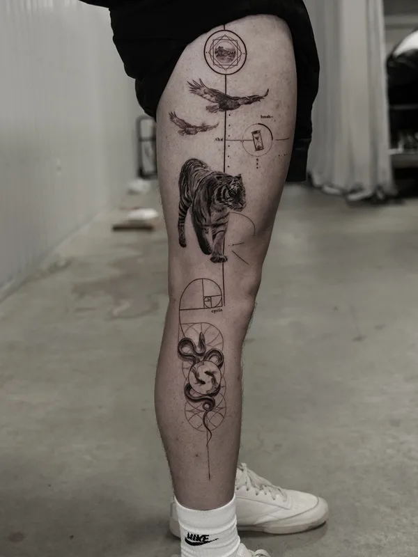 black and grey geometric tattoo on thigh #75795 | Tattoo Artist Taeseok Park