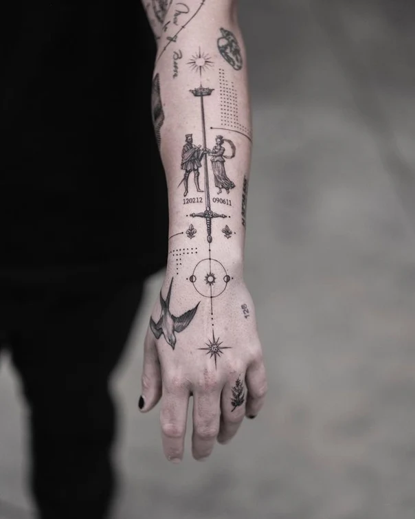 Blackwork Geometric, Bird tattoo on Forearm