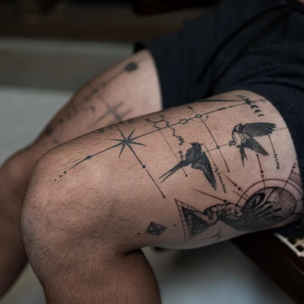 Linework Birds, Geometric tattoo on Thigh
