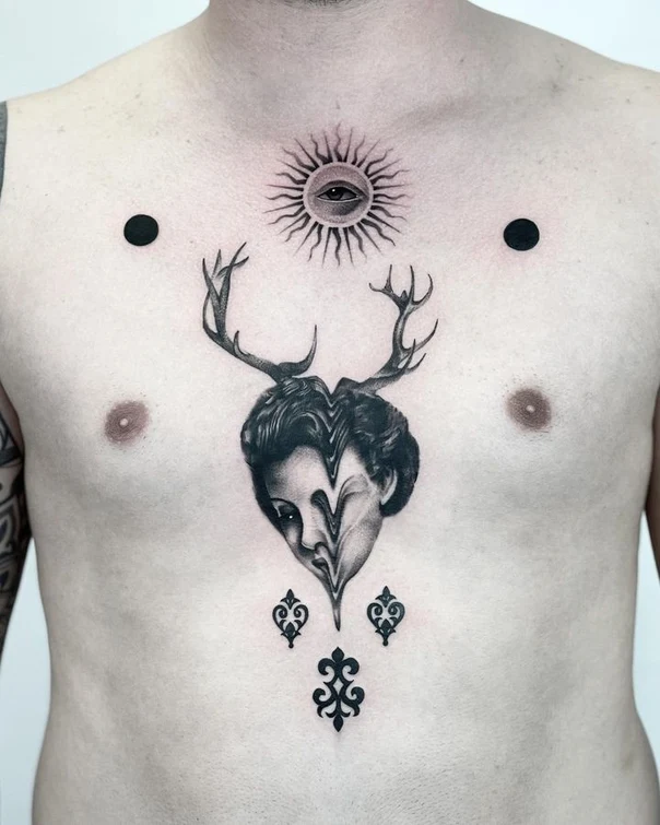 Blackwork Eye, Sun tattoo on Chest