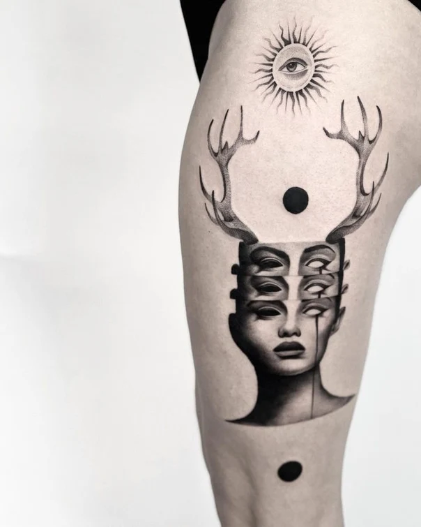 Black & Grey Face, Eyes tattoo on Thigh