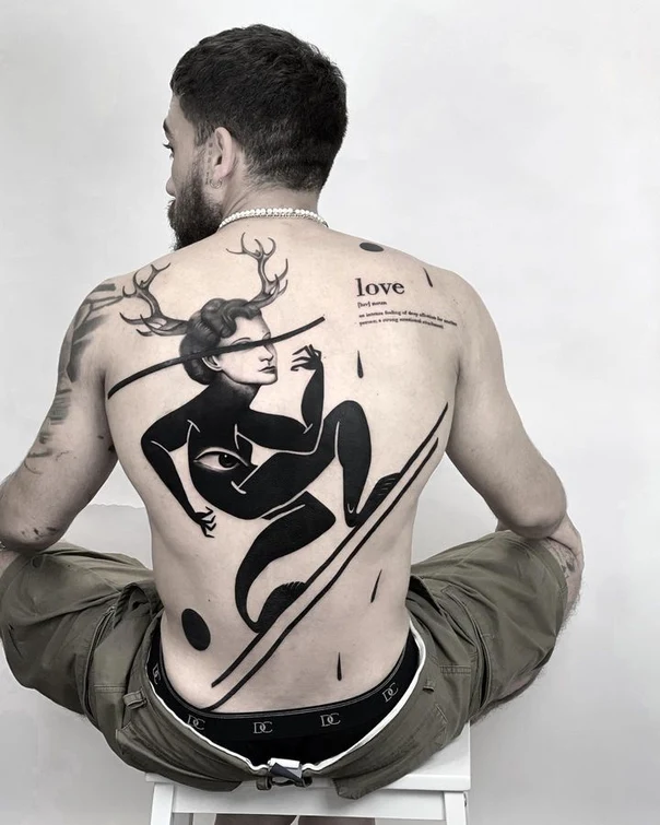 Blackwork Figure, Eye tattoo on Full Back