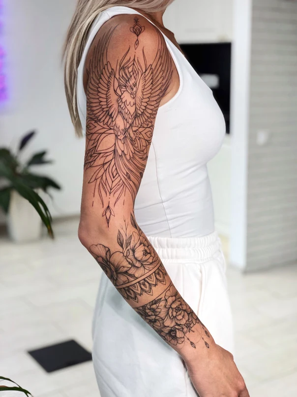 Лайнворк Phoenix, Floral tattoo на Полный рукав