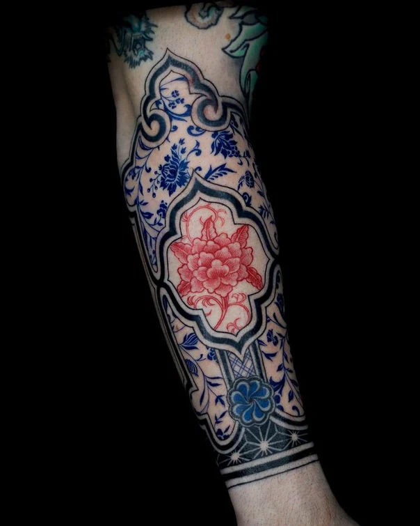 Ornamental Floral, Geometric tattoo on Forearm