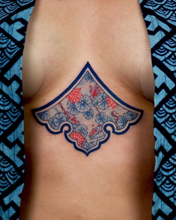 Japanese Koi fish, Lotus tattoo on Chest