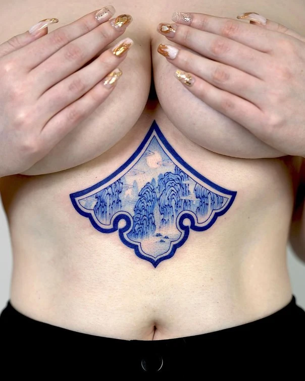 Japanese Landscape, Mountains tattoo on Sternum