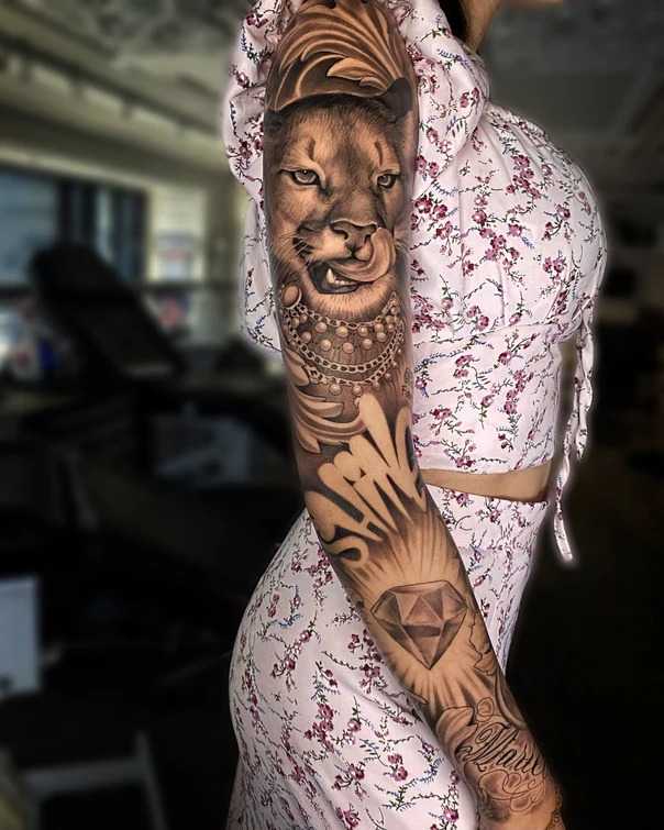 Realism Lion, Diamond tattoo on Full Sleeve