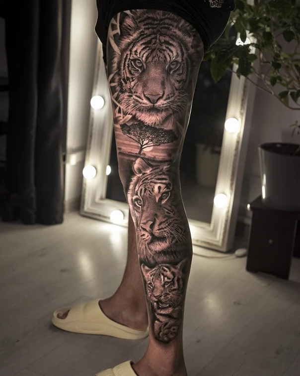 Реализм Tiger, Landscape tattoo на Нога целиком