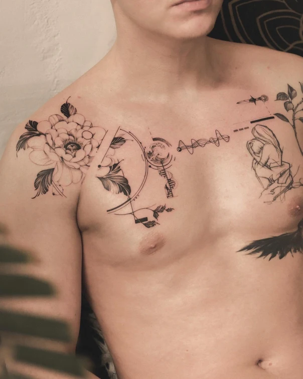 Linework Flower, Geometric tattoo on Chest