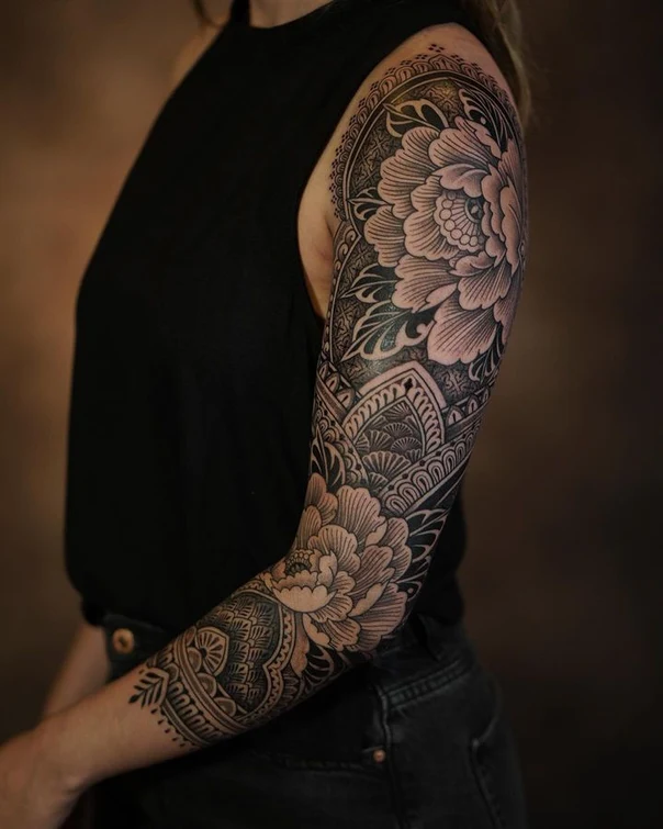 Blackwork Flower, Mandala tattoo on Full Sleeve