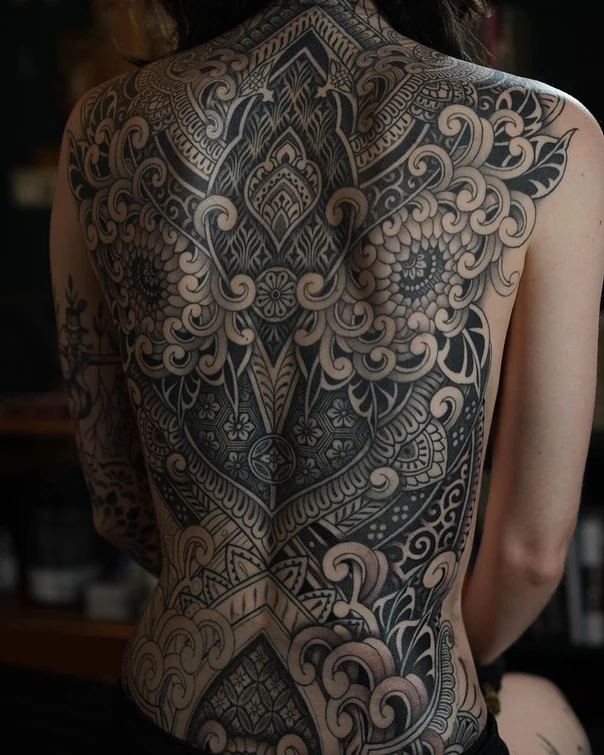 Ornamental Geometric, Floral tattoo on Full Back