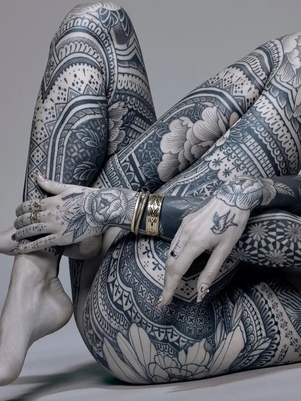 female black and grey ornamental tattoo on full body #76216 | Tattoo Artist Dino De Cesare