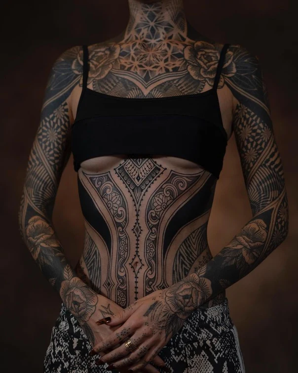 Blackwork Floral, Geometric tattoo on Full body