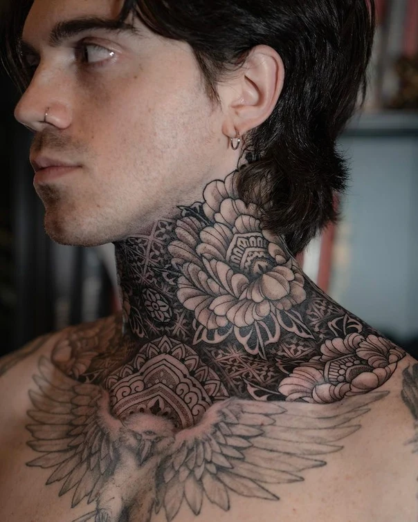 Blackwork Floral, Mandala tattoo on Neck