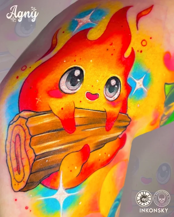 Cartoon Fire, Log tattoo on Shoulder