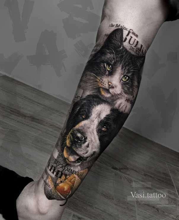 Реализм Cat, Dog tattoo на Предплечье