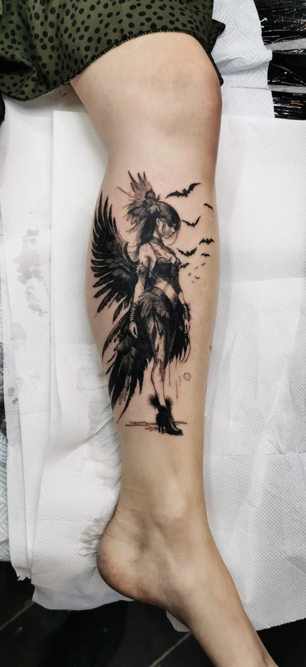 Blackwork Angel, Bats tattoo on Calf