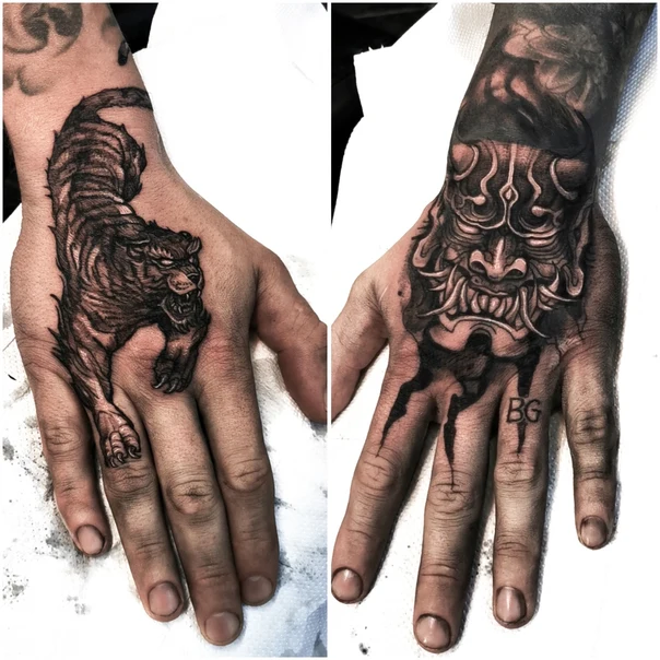 Blackwork Tiger, Oni mask tattoo on Hand