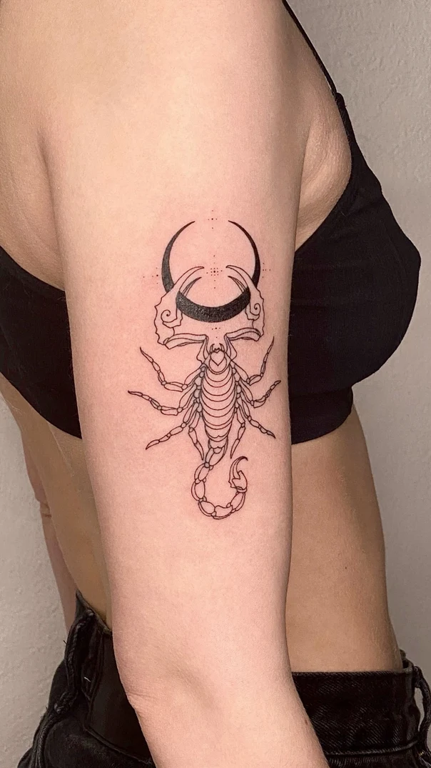 Linework Scorpion, Moon tattoo on Upper Arm