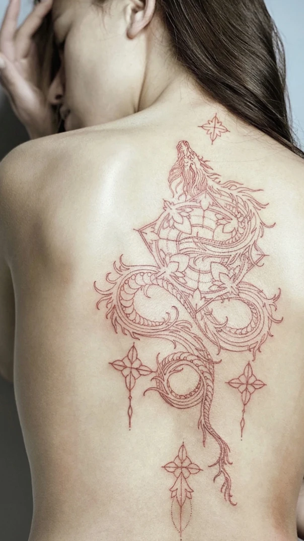 Лайнворк Dragon, Geometric tattoo на Верхняя часть спины