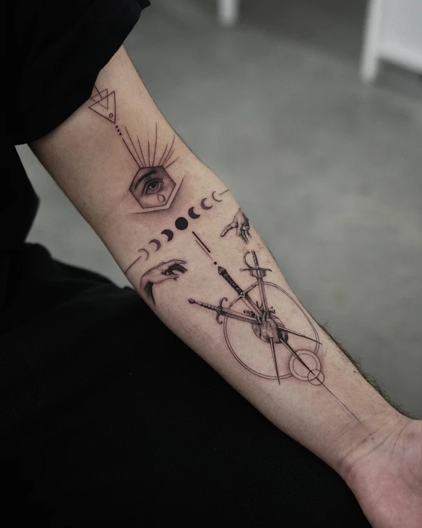 Linework Eye, Moon tattoo on Forearm