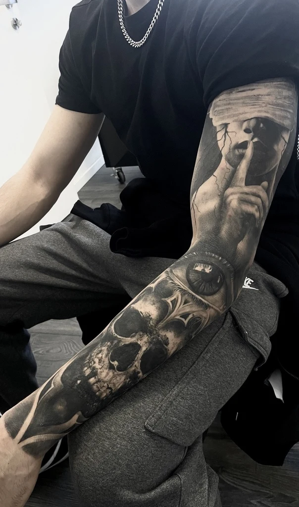 Realism Skull, Eye tattoo on Full Sleeve