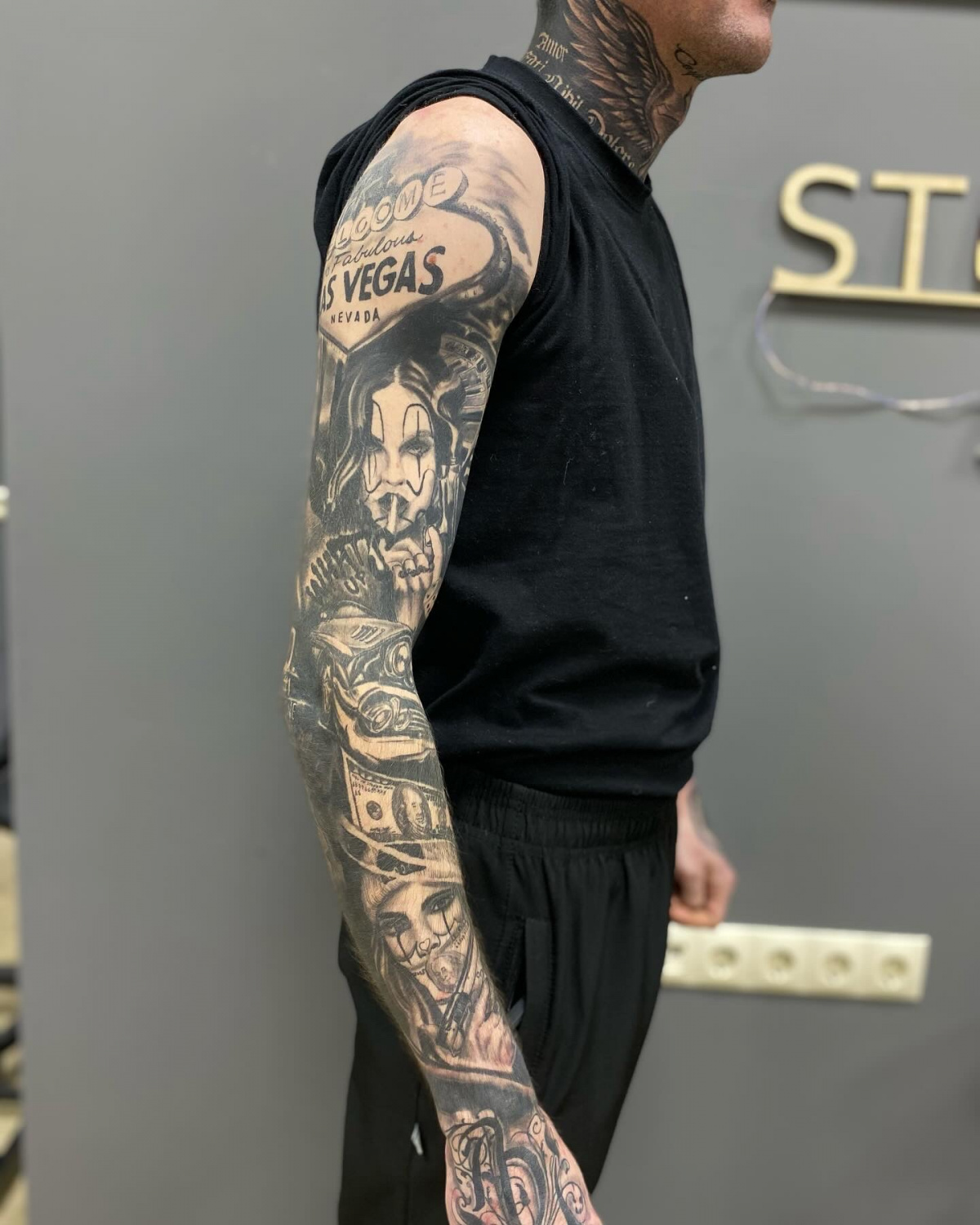 Chicano Portrait, Lettering tattoo on Full Sleeve