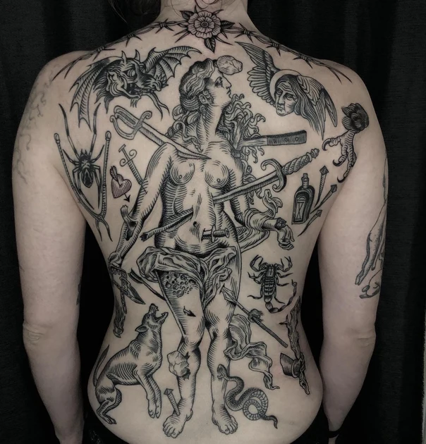Engraving Figure, Sword tattoo on Full Back