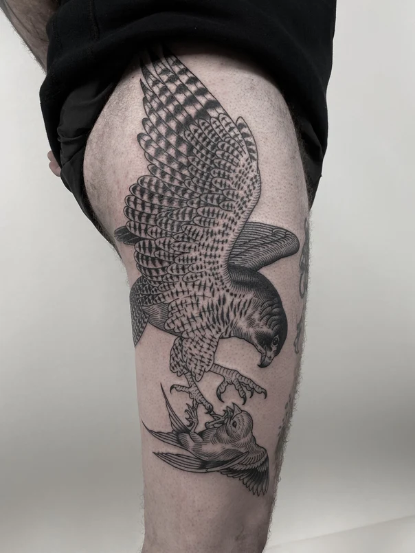 Engraving Bird, Animal tattoo on Thigh