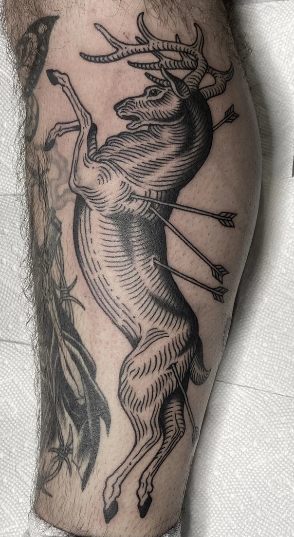 Engraving Deer, Arrows tattoo on Calf