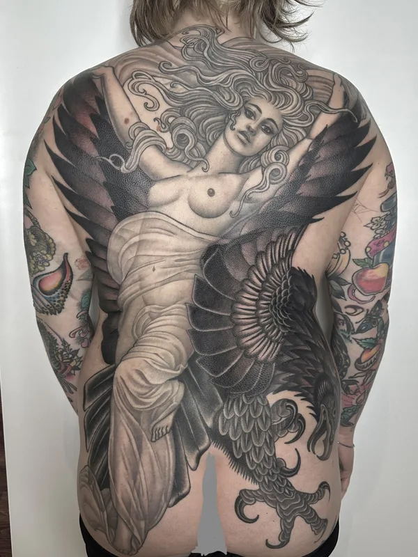 black and grey realism tattoo on full back #76570 | Tattoo Artist Alexandra Snelgrove