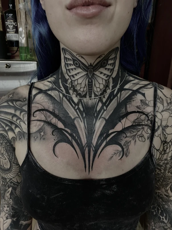 Blackwork Butterfly, Floral tattoo on Chest
