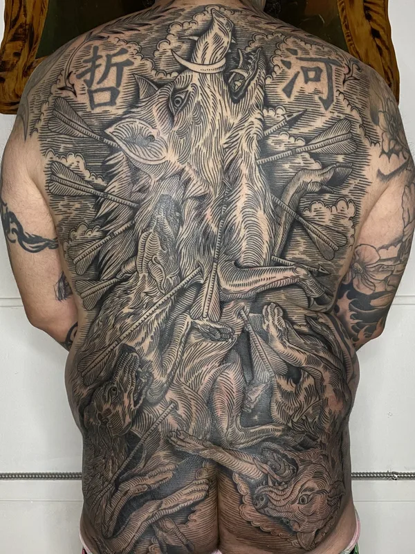 male black engraving tattoo on full back #76581 | Tattoo Artist Alexandra Snelgrove